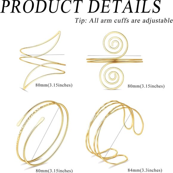 4PCS Gold Arm Cuff Jewelry for Women Upper Arm Cuff Bangle Band Armlet Adjustabl - Picture 4 of 6
